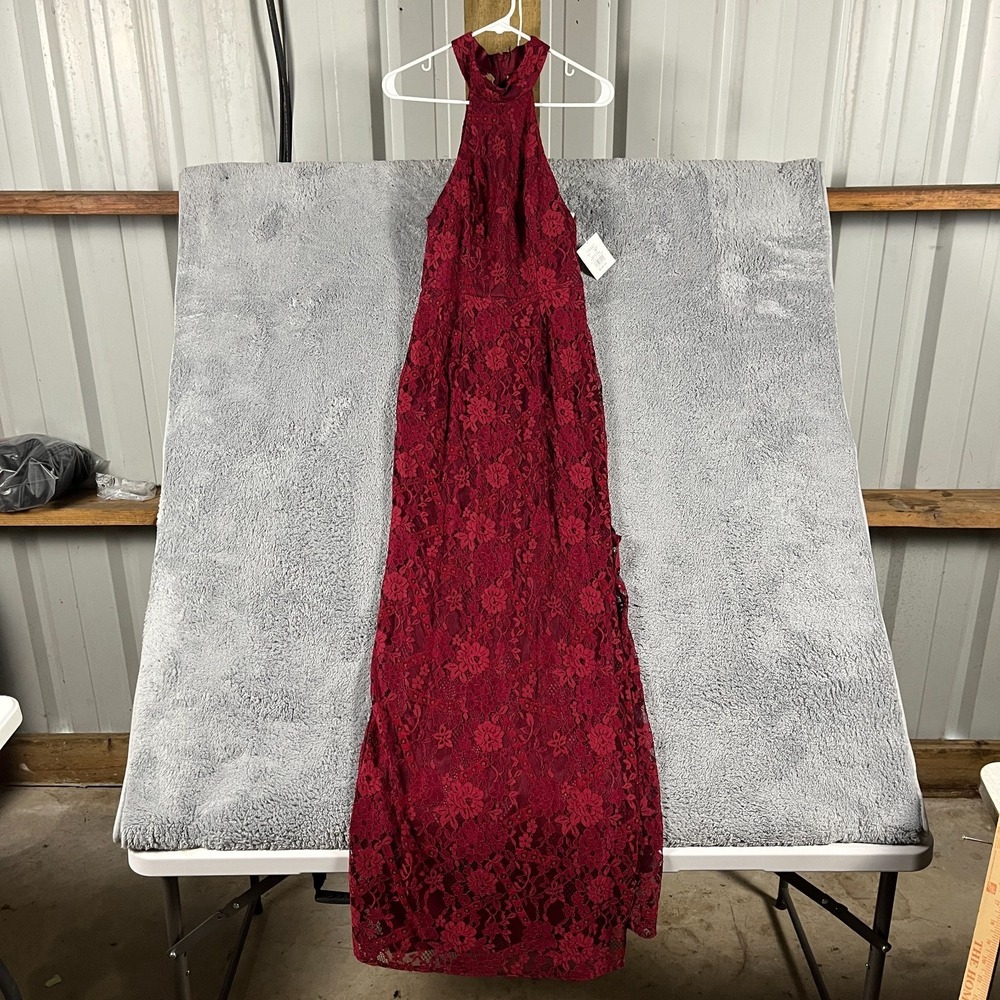 David's Bridal Lace Halter Dress Womens 4 Wine Illusion Back Long Formal Party
